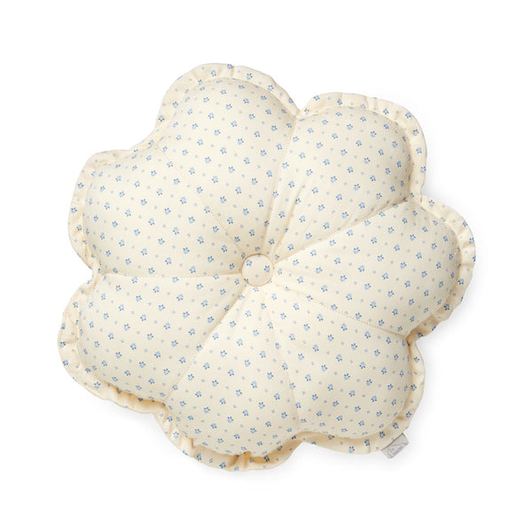 Cojín forma de flor con estampado de florecitas azul y beige 